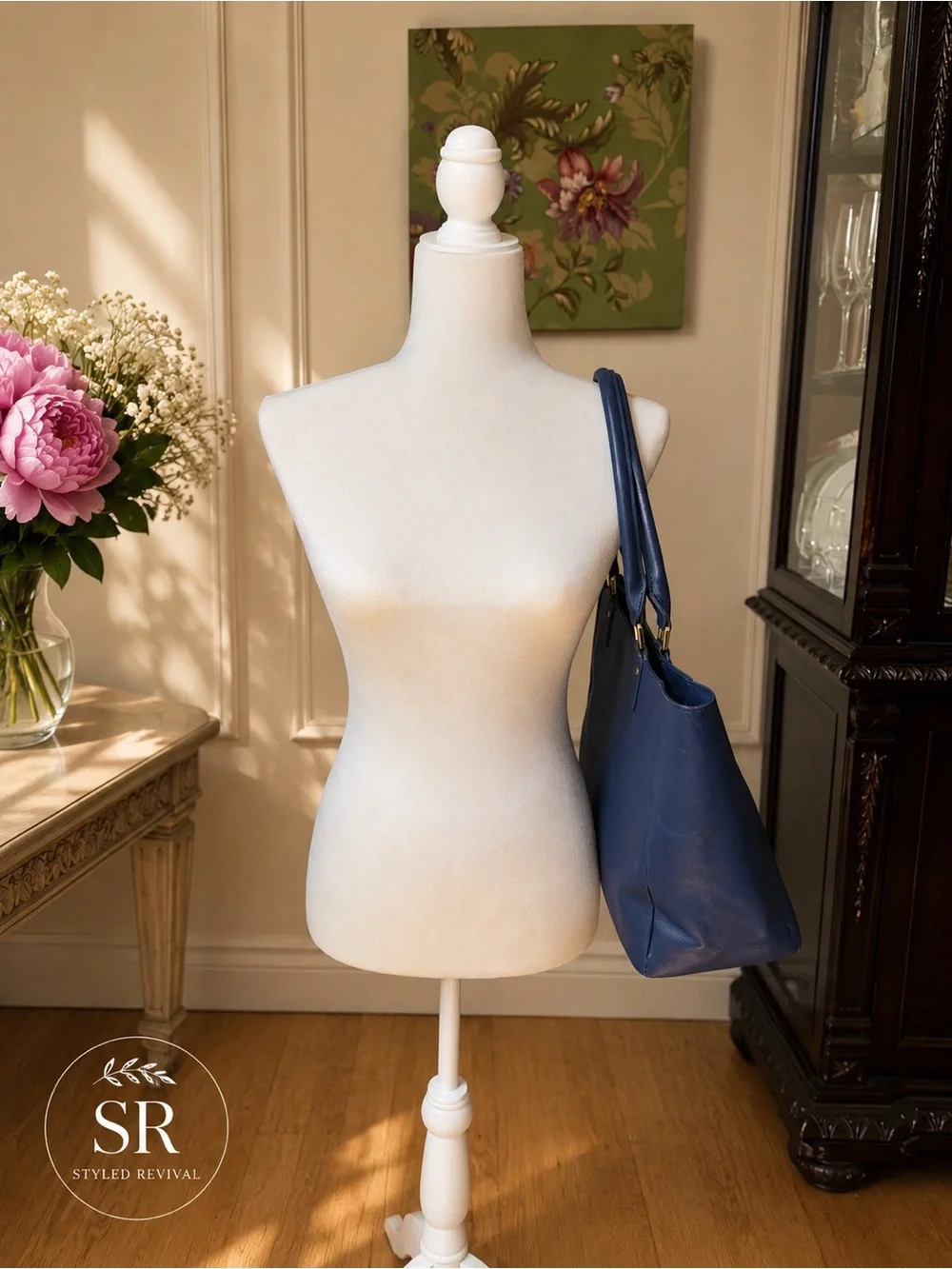 St. John XL Blue Saffiano Leather Work Tote Shopper Bag Gold Logo